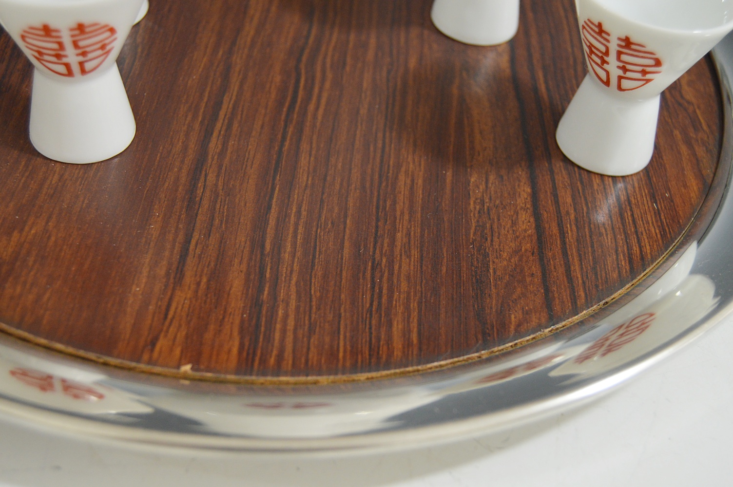 Japanese Porcelain Sake Set and Wood Grain + Pewter Serving Tray