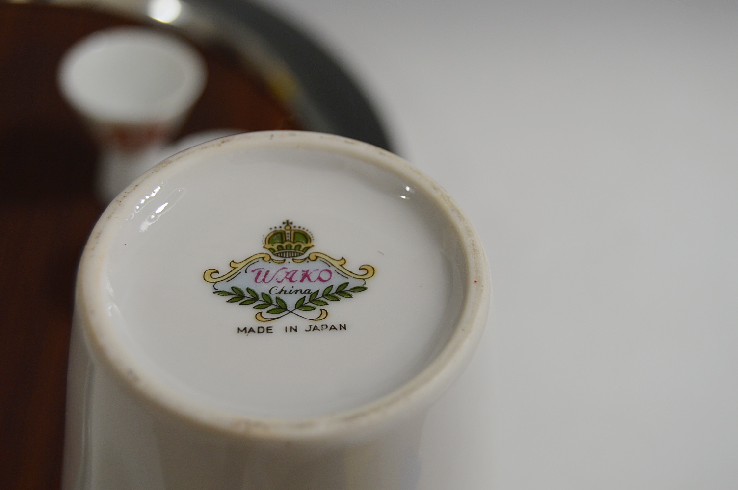 Japanese Porcelain Sake Set and Wood Grain + Pewter Serving Tray