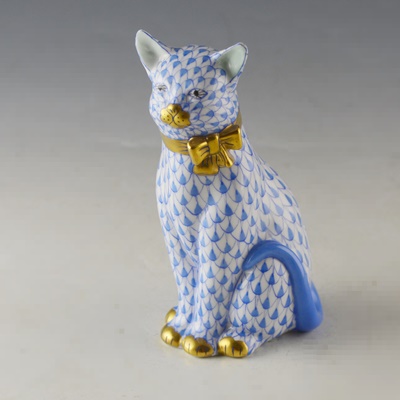 Herend Cat With Bow Porcelain Figurine