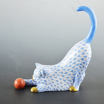 Herend Cat With Ball Porcelain Figurine
