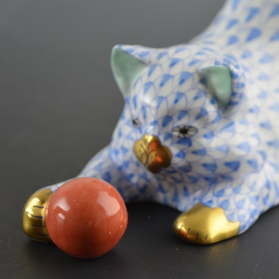 Herend Cat With Ball Porcelain Figurine