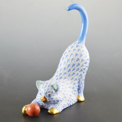 Herend Cat With Ball Porcelain Figurine