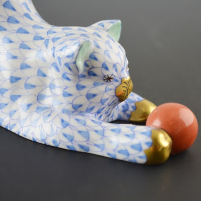 Herend Cat With Ball Porcelain Figurine