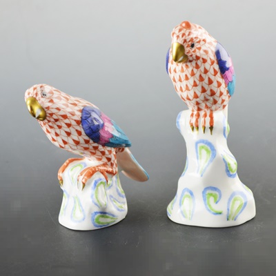 Pair of Herend Sitting Parrot Porcelain Figurines