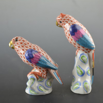 Pair of Herend Sitting Parrot Porcelain Figurines