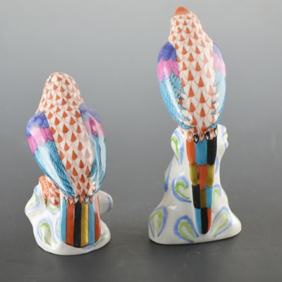 Pair of Herend Sitting Parrot Porcelain Figurines