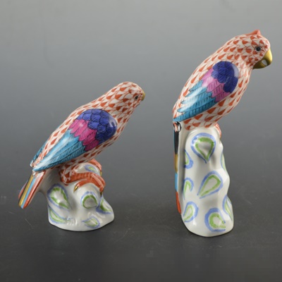 Pair of Herend Sitting Parrot Porcelain Figurines
