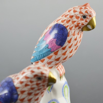 Pair of Herend Sitting Parrot Porcelain Figurines