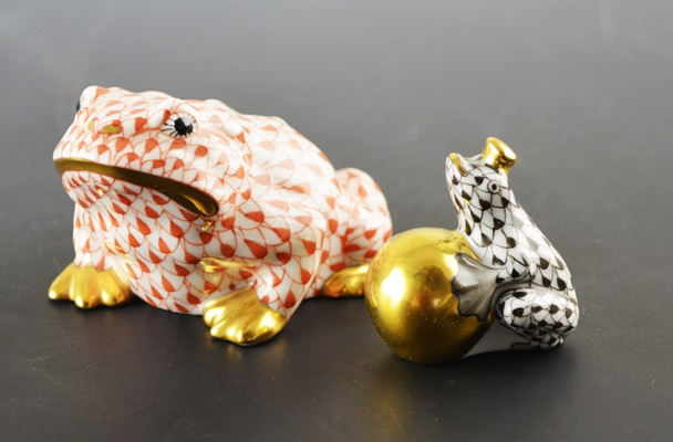 Herend Frog and Herend Frog On Ball Porcelain Figurines