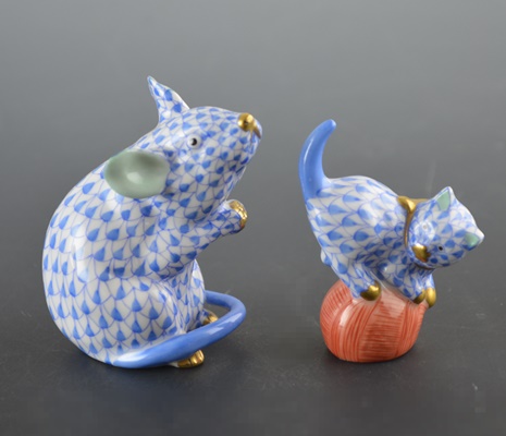 Herend Mouse and Herend Mischievous Cat On Yarn Porcelain Figurines