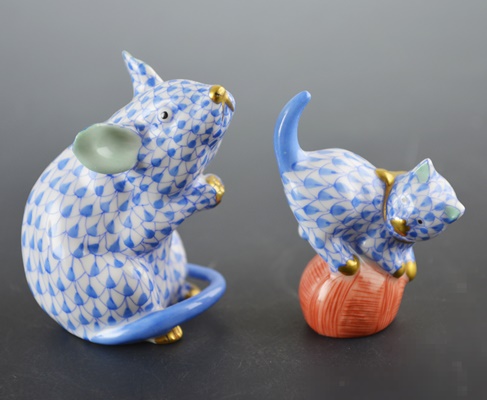 Herend Mouse and Herend Mischievous Cat On Yarn Porcelain Figurines