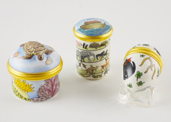 Three Halcyon Days Bilston and Battersea Enamel Trinket Boxes