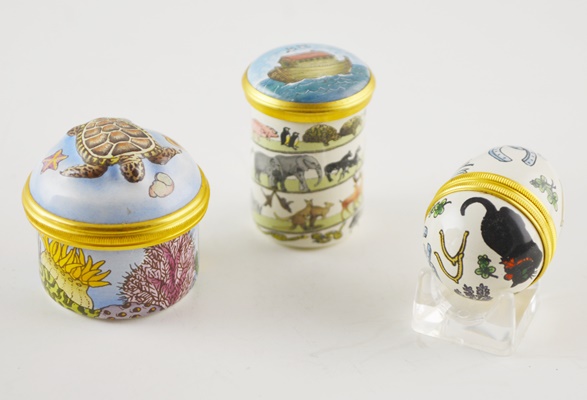 Three Halcyon Days Bilston and Battersea Enamel Trinket Boxes