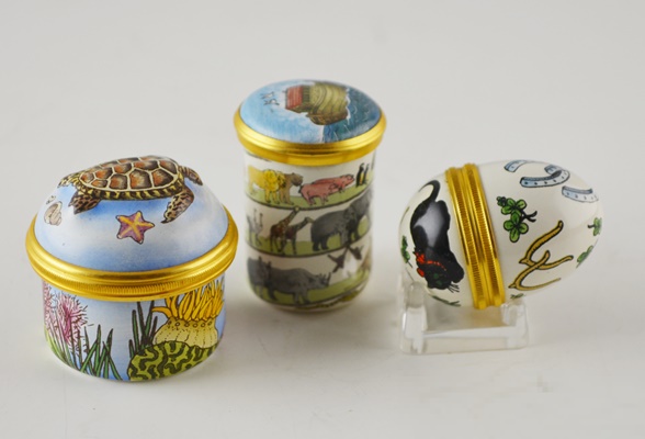 Three Halcyon Days Bilston and Battersea Enamel Trinket Boxes