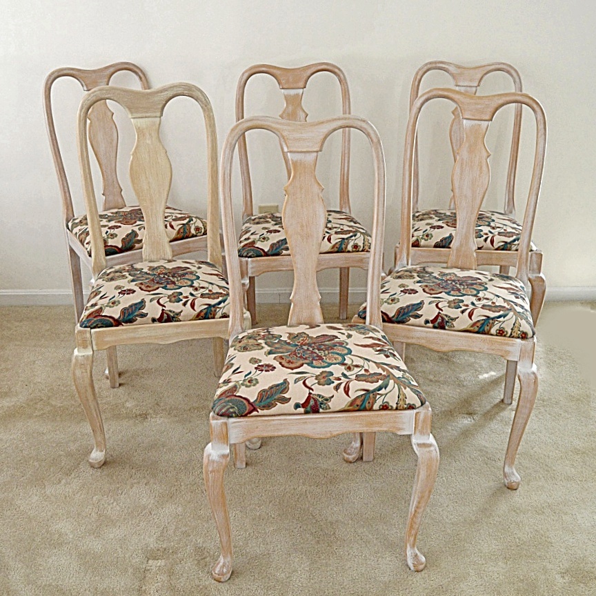 Set of Six Queen Anne Style Chairs in a White-Washed Finish