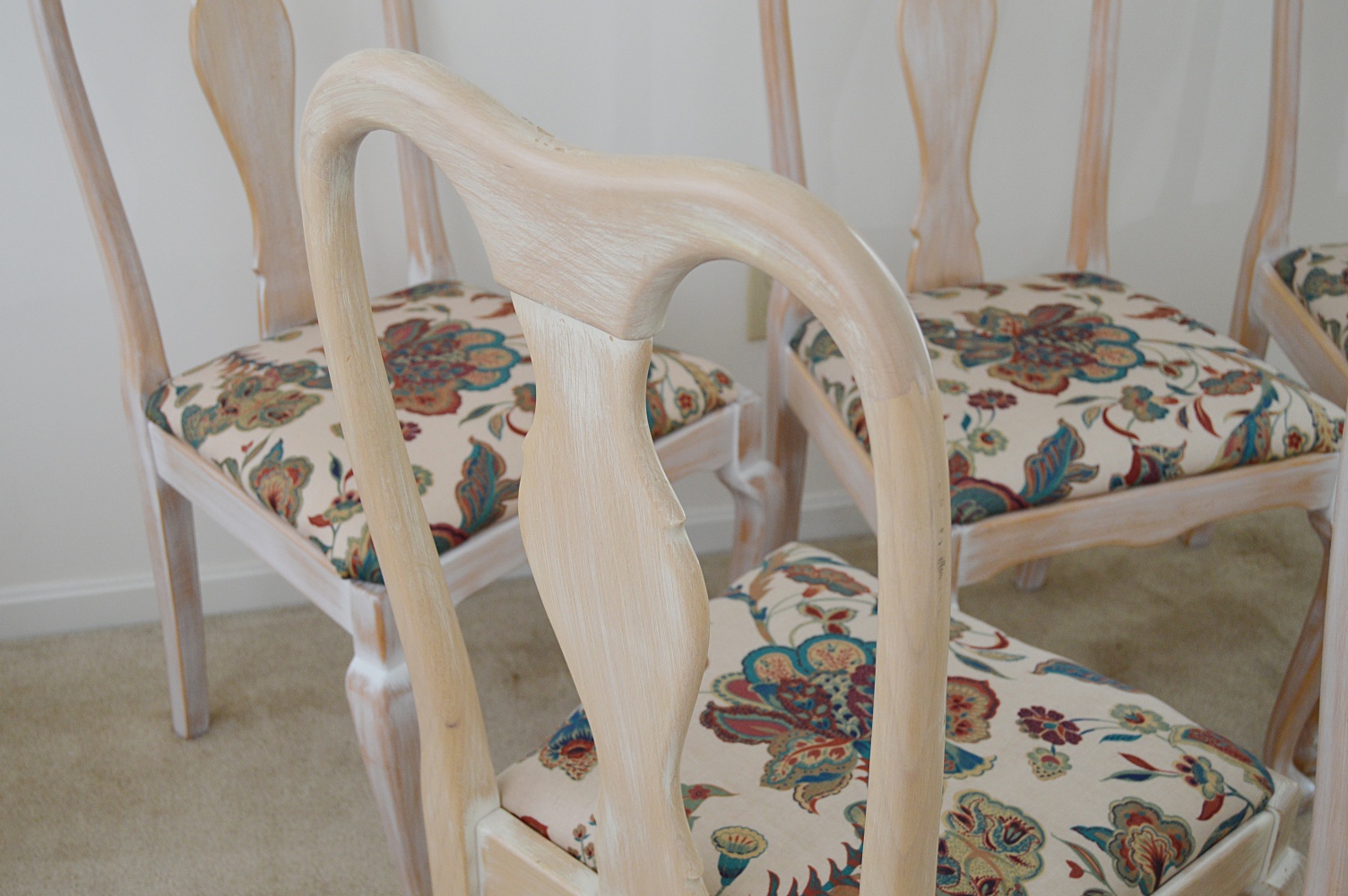 Set of Six Queen Anne Style Chairs in a White-Washed Finish