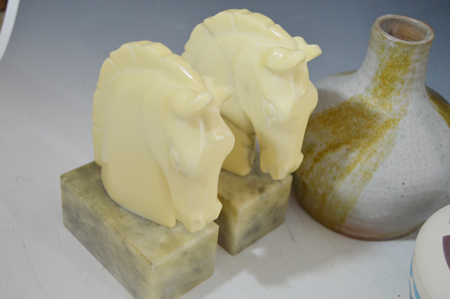 Pottery Group and Alabaster Horse Head Bookends