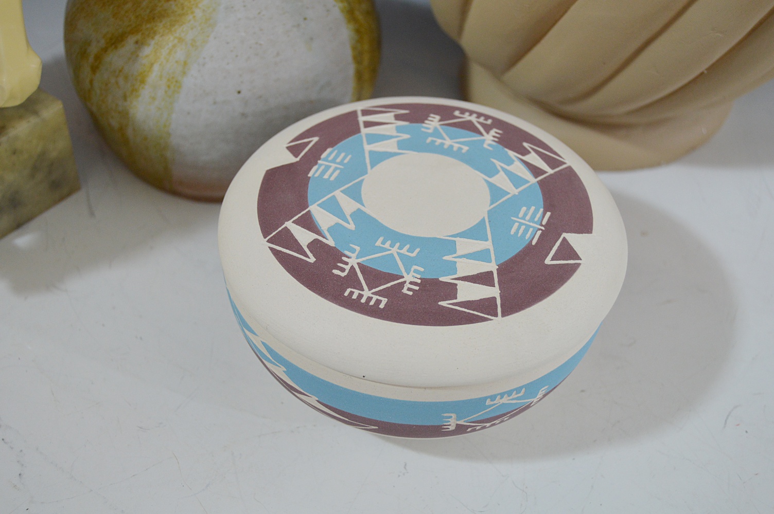 Pottery Group and Alabaster Horse Head Bookends