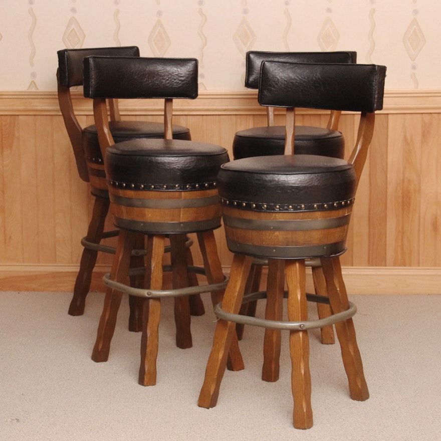 Set of Four Vintage Whiskey Barrel Barstools