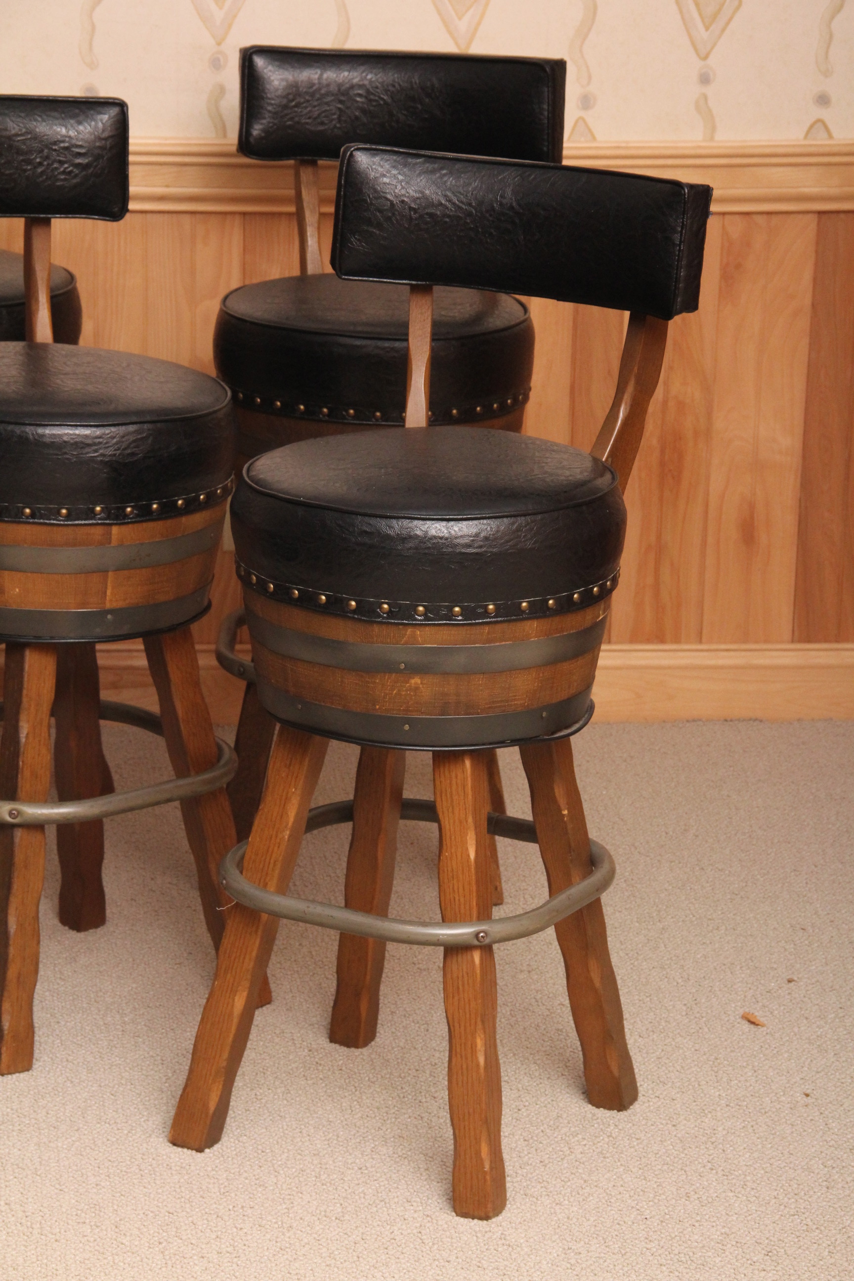 Set of Four Vintage Whiskey Barrel Barstools
