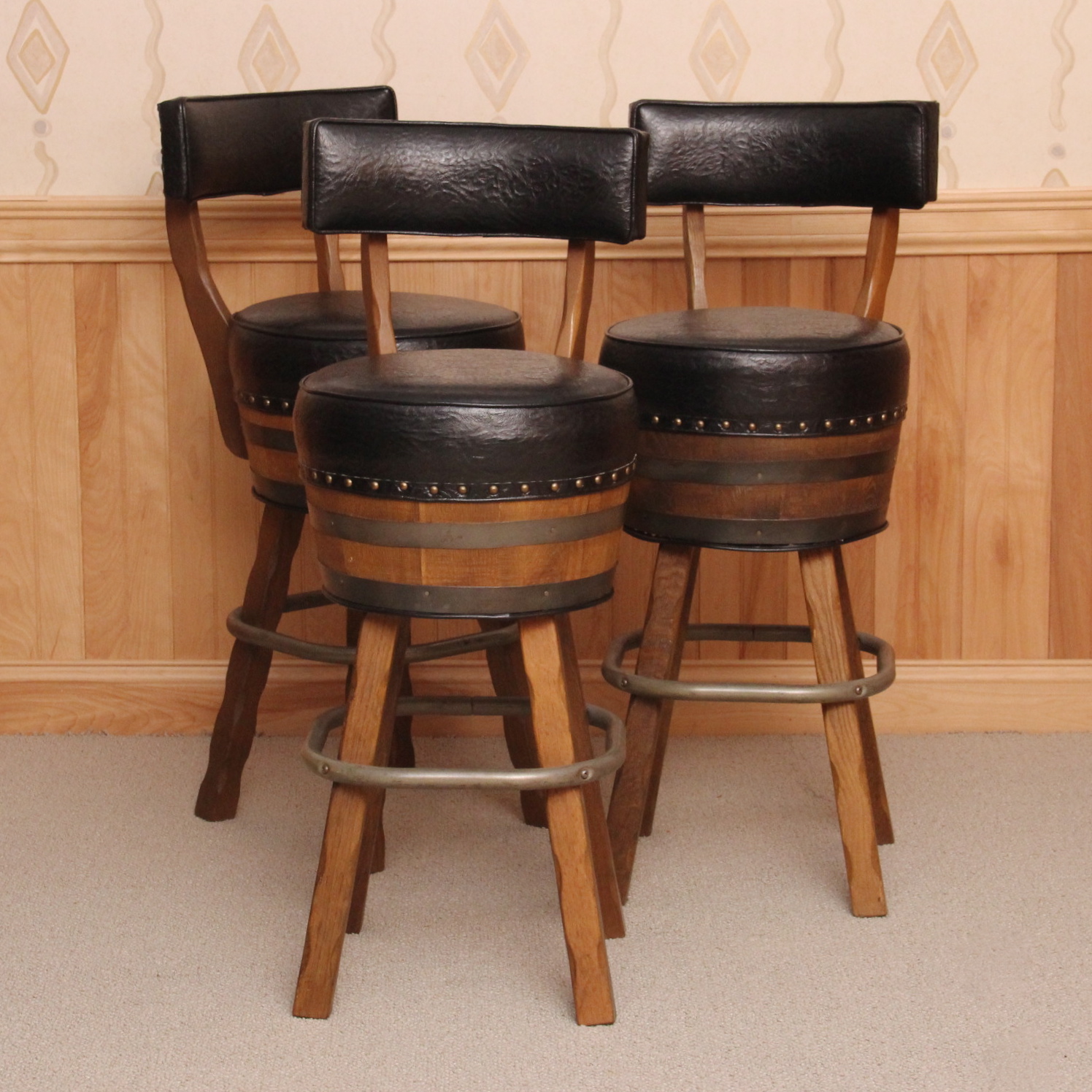 Set of Three Vintage Whiskey Barrel  Bar Stools