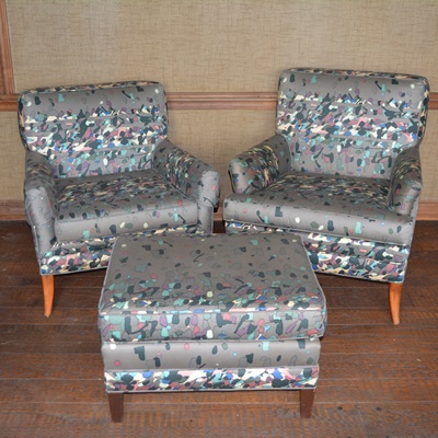 Pair of Gray Confetti Upholstered Armchairs and Ottoman