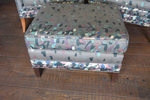 Pair of Gray Confetti Upholstered Armchairs and Ottoman