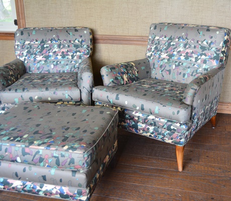 Pair of Gray Confetti Upholstered Armchairs and Ottoman