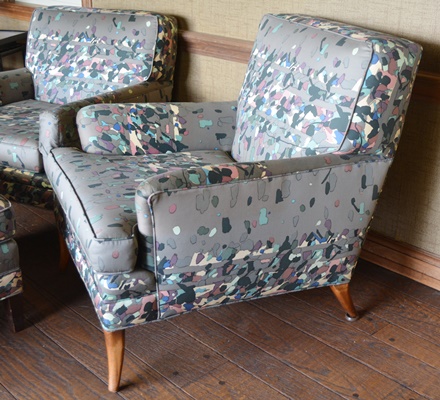 Pair of Gray Confetti Upholstered Armchairs and Ottoman