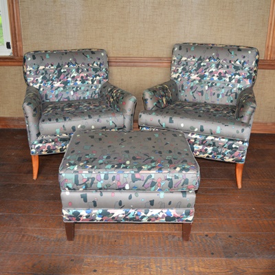Pair of Gray Confetti Upholstered Armchairs and Ottoman