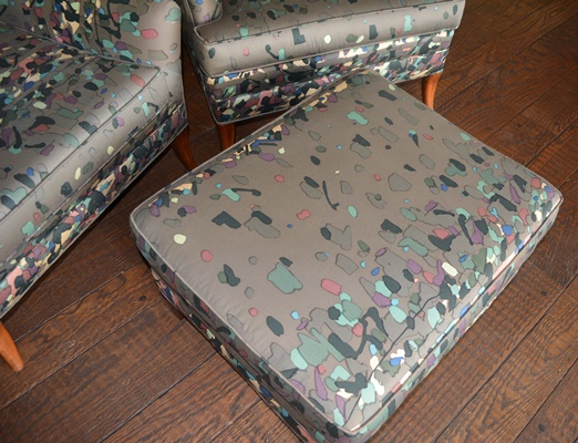 Pair of Gray Confetti Upholstered Armchairs and Ottoman