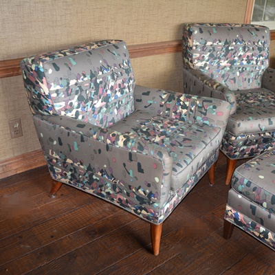 Pair of Gray Confetti Upholstered Armchairs and Ottoman