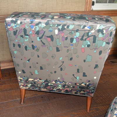 Pair of Gray Confetti Upholstered Armchairs and Ottoman
