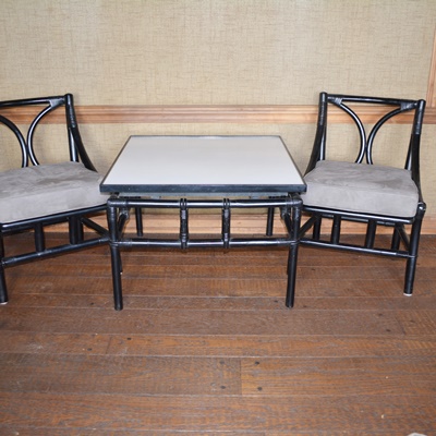 Pair of Black Lacquered Chairs and Side Table