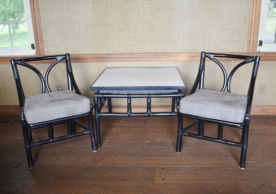 Pair of Black Lacquered Chairs and Side Table