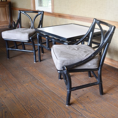 Pair of Black Lacquered Chairs and Side Table