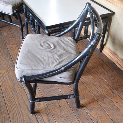 Pair of Black Lacquered Chairs and Side Table