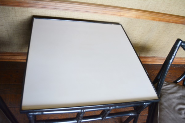 Pair of Black Lacquered Chairs and Side Table