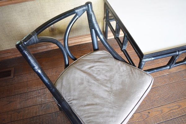 Pair of Black Lacquered Chairs and Side Table
