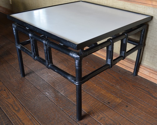 Pair of Black Lacquered Chairs and Side Table