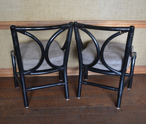 Pair of Black Lacquered Chairs and Side Table