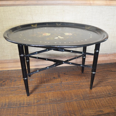 Asian Influenced Black Lacquered Oval Tray Table/Coffee Table