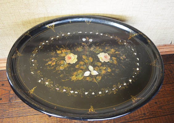 Asian Influenced Black Lacquered Oval Tray Table/Coffee Table