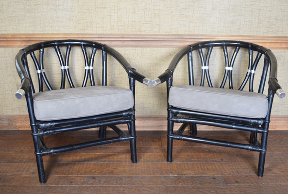 Pair of Black Lacquered Bamboo Style Armchairs