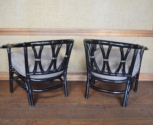 Pair of Black Lacquered Bamboo Style Armchairs