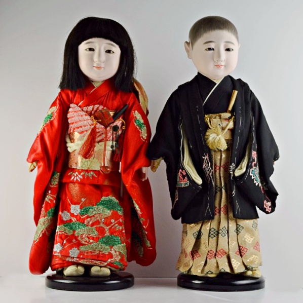 Exquisite Pair of Vintage Ichimatsu Dolls, Girl and Boy in Traditional Kiimono