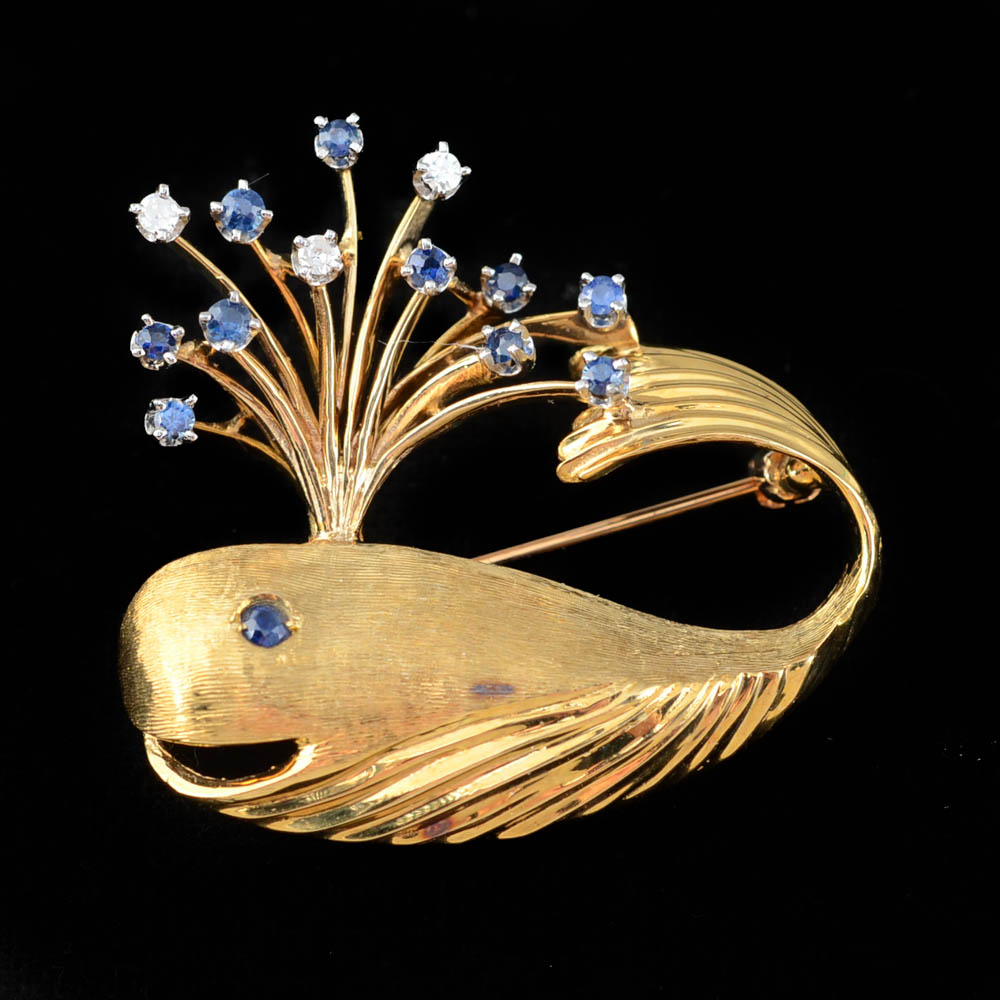 Erwin Pearl 18K Gold Diamond and Sapphire Whale Brooch
