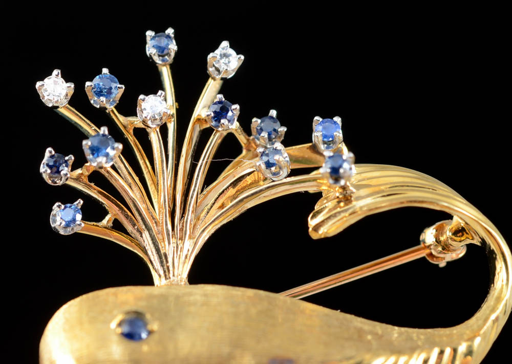 Erwin Pearl 18K Gold Diamond and Sapphire Whale Brooch