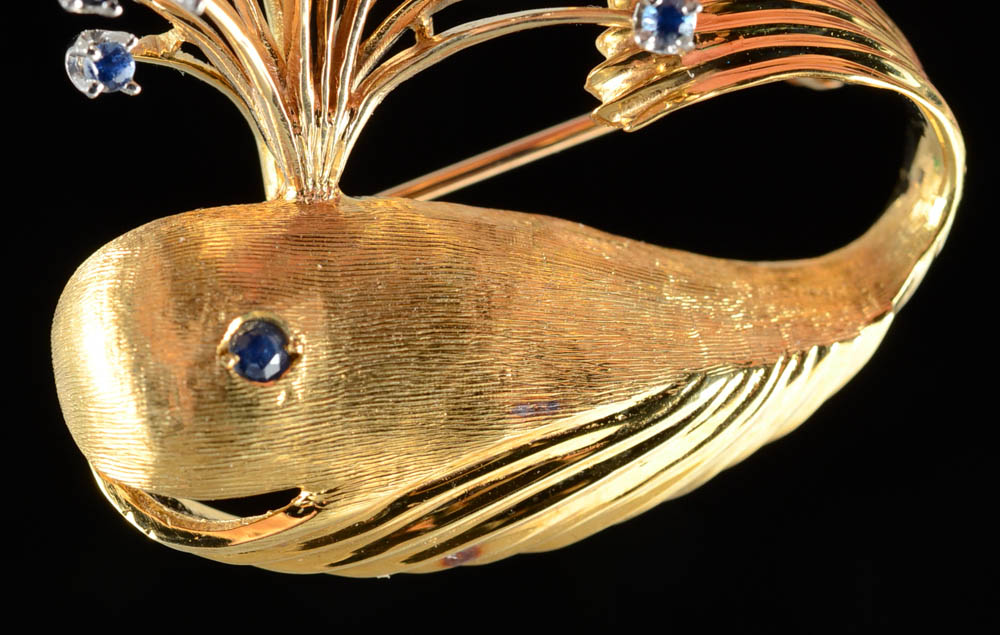 Erwin Pearl 18K Gold Diamond and Sapphire Whale Brooch