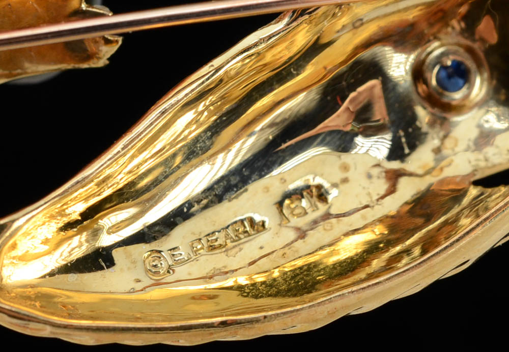 Erwin Pearl 18K Gold Diamond and Sapphire Whale Brooch